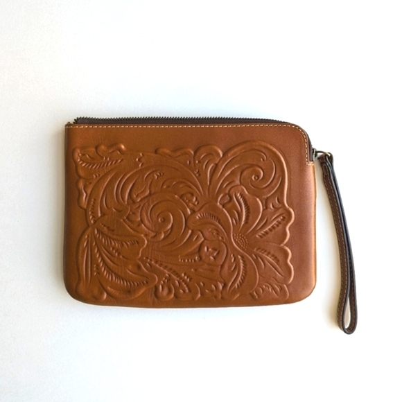 Patricia Nash Genuine Leather Embossed Floral Swirl Wristlet Clutch Bag - Brown - Picture 1 of 8